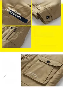Detail view of khaki cotton parka featuring utility pockets and embroidery decor