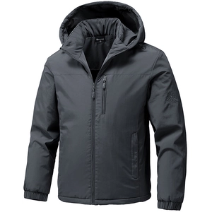Front view of men's dark gray hooded workwear jacket with zipper and chest pocket
