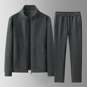 Men's charcoal grey athletic tracksuit set with stand collar jacket and jogger pants