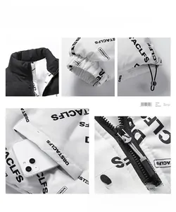 Detail der Winterjacke mit Allover-Buchstabendruck, Stehkragen und Reißverschlusstaschen