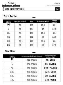 Men winter cotton padded jacket size chart with detailed measurements from size M to 4XL