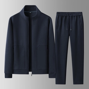 Men's casual tracksuit set featuring a navy zip-up stand collar jacket and matching pants