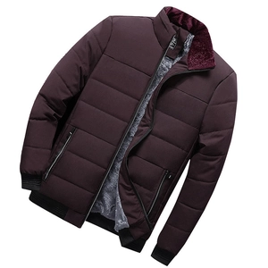 Men's winter burgundy quilted jacket with fleece collar and ribbed cuffs for warmth
