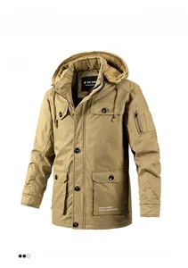 Detail of khaki parka jacket featuring cozy beige fleece lining and utility cargo pockets