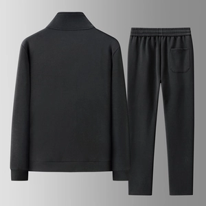 Back view of black men's casual athletic tracksuit with stand collar jacket and pants