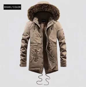 Detailed macro of khaki winter parka with thick fur hood and warm fleece lining