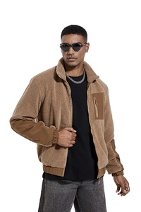 Detailed patchwork on brown sherpa fleece jacket with reinforced collar and elbow pads