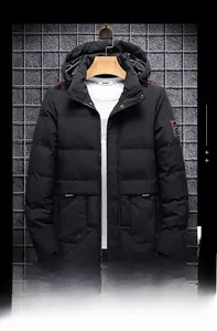Detail of men's winter hooded jacket showing zipper pockets and decorative sleeve logo
