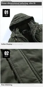 Detail view of military green winter parka with thick fleece lining and durable stitching