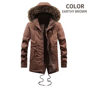Detail of yellow winter parka with faux fur hood, fleece lining and utility pockets