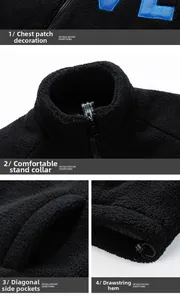 Macro details of black polar fleece jacket with embroidered logo and zip pockets