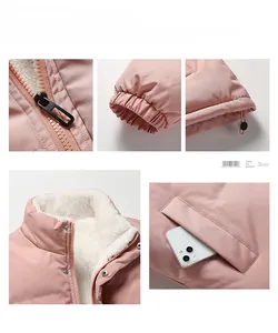 Detail of pink padded jacket with white lamb wool lining and adjustable elastic drawstring