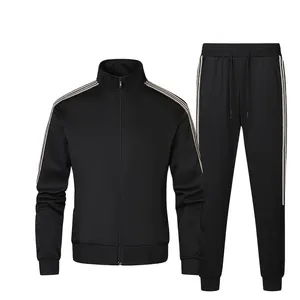 Men's black 2-piece tracksuit set with classic triple stripes on sleeves and pants