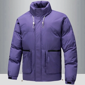 Purple winter puffer jacket for men with high stand collar and windproof matte finish