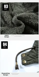Detail of warm grey fleece lining and classic metal hardware on green winter coat