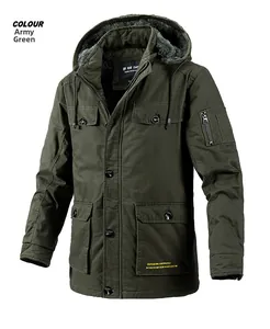 Detail of army green padded parka with thick grey fleece lining and utility pockets
