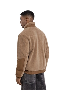 Rear view of brown lambswool jacket showing stand collar and fleece texture