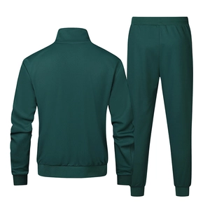 Men's dark green athletic tracksuit with stand collar jacket and jogger pants back view