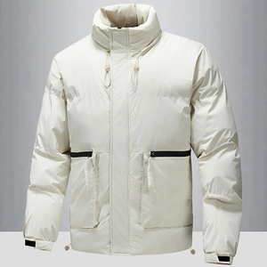 Winter insulated padded jacket in ivory white with stand collar and black contrast zippers