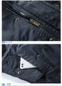 Detail view of durable metal zipper and large utility pocket on a heavy winter parka