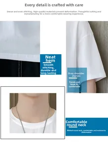 Detail view of white cotton T-shirt featuring ribbed crew neck and dropped shoulder seams