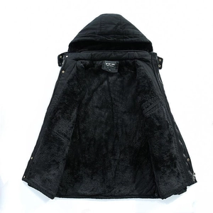 Men's winter heavy padded hooded jacket with thick black fleece lining and metal zipper