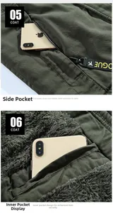 Detailed view of winter parka side zipper pocket and soft fleece lining for warmth
