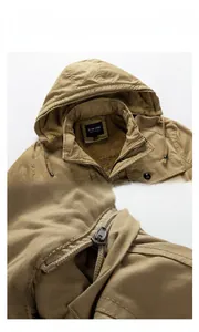 Detail of khaki men hooded jacket featuring thick fleece lining and durable metal zipper