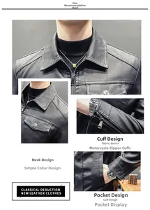 Detailed views of lapel collar and metal zipper cuffs on black motor leather jacket