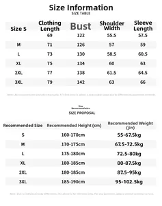 Detailed size chart and measurement guide for men's winter puffer jacket S to 3XL