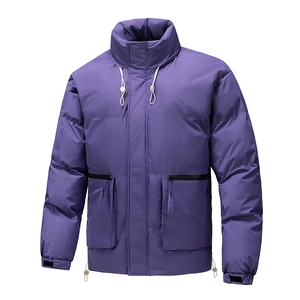 Deep purple winter padded jacket with stand collar and adjustable drawstring