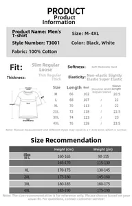Detailed size chart and fabric specifications for men's 100% cotton loose fit T-shirt
