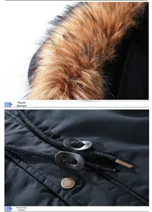 Detail of winter parka featuring thick faux fur collar and drawstring with leather toggles
