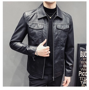 Close-up detail of classic lapel and metallic zippers on black PU leather moto jacket