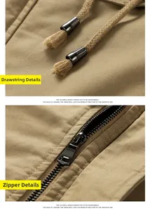 Detail of khaki twill cotton jacket with woven drawstring and durable metal zipper