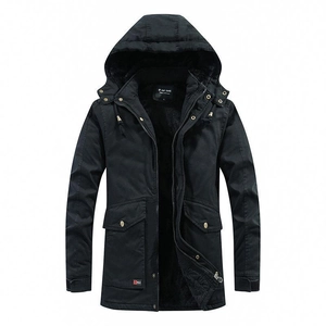 Men's black fleece-lined hooded parka jacket with warm workwear cargo utility pockets