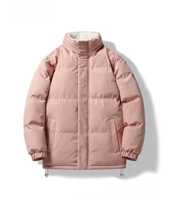 Detailed front view of pink winter puffer jacket with white fleece collar and elastic hem