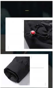 Detail of adjustable windproof elastic drawstring with red button and snug winter cuffs