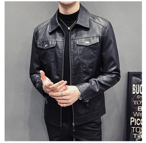 Detail of men's slim fit black PU leather jacket featuring lapel collar and chest pockets