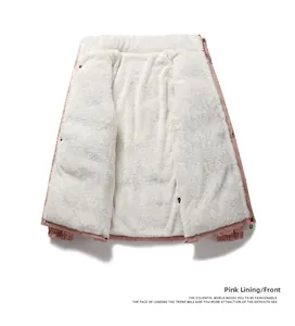 Detail of pink winter jacket featuring warm white fleece lining and metal snap buttons