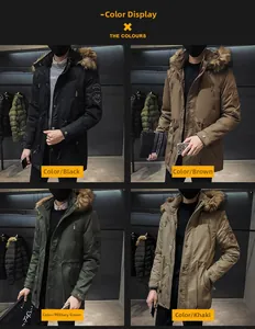 Mens winter parka jacket available in black, brown, army green, and khaki color options