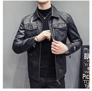 Detail of men's slim fit PU leather jacket featuring lapel collar and metal zipper closure