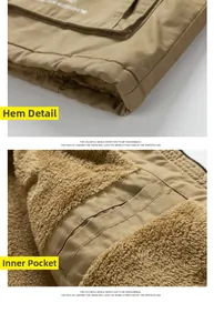 Detail view of khaki work jacket showing thick fleece lining and inside pocket design