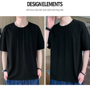Detail view of premium black cotton T-shirt showing classic crew neck and loose shoulder fit