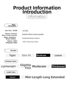Detailed material specs for men's winter puffer jacket with 100% polyester fill info