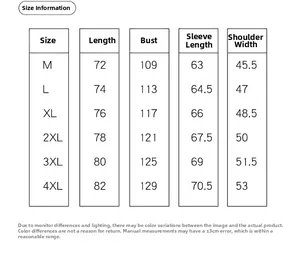 Detailed size chart for men's winter hooded jacket showing measurements from M to 4XL