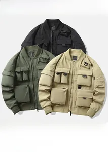 Detailed view of techwear bomber jackets with multiple pockets in three functional colors