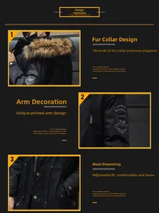 Detail of men's winter parka showing faux fur collar, arm badge, and waist drawstring