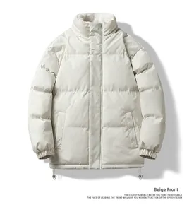 Detail of beige puffer jacket with stand collar, quilted texture and fleece lining