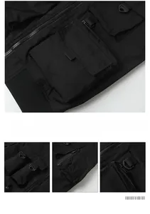 Detailed view of tactical cargo pockets and heavy-duty resin zipper on black jacket
